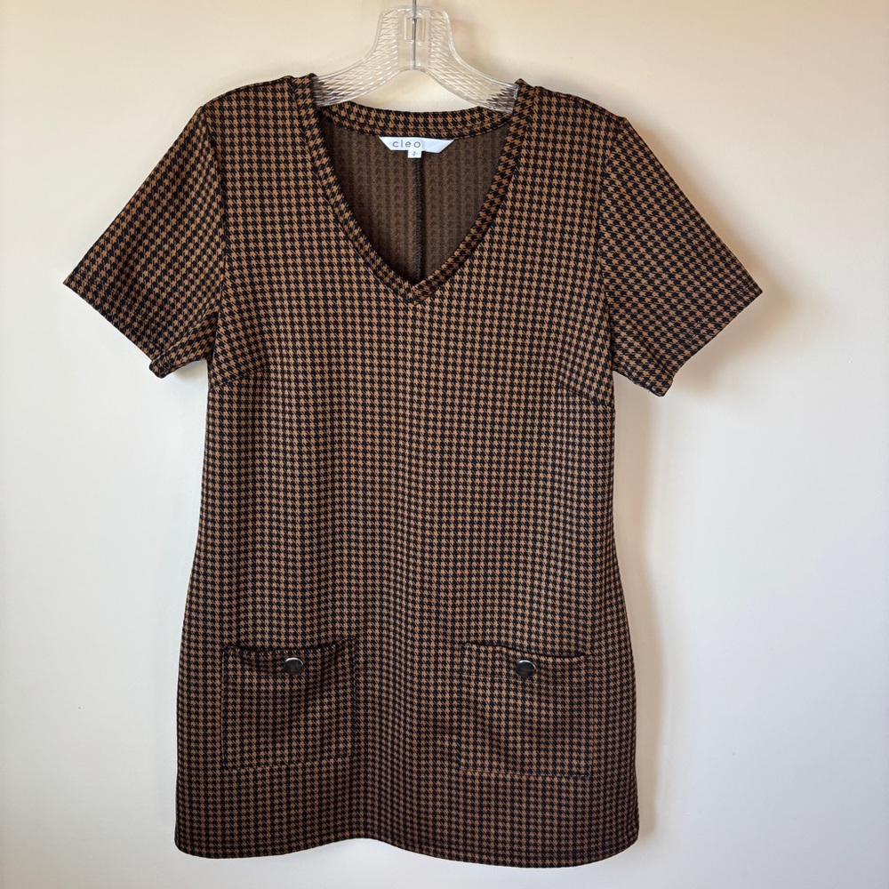 Cleo Women’s Brown Houndstooth Mini Dress with Pockets Dark Academia Twiggy